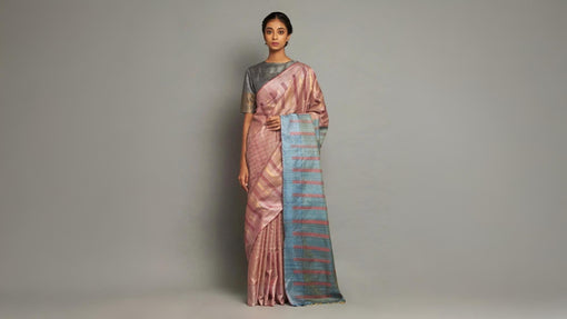 Coral kosa silk saree with gold zari, strip patterns on body and blue pallu