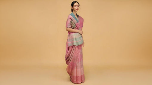 pink kosa silk handloom saree with strip body