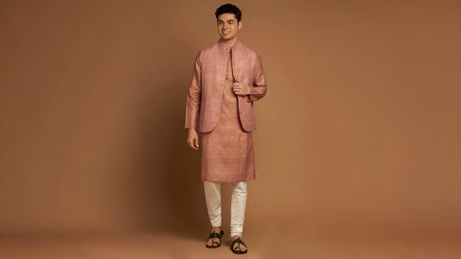 Peach kosa silk handloom nehru jacket with checkered weave patterns