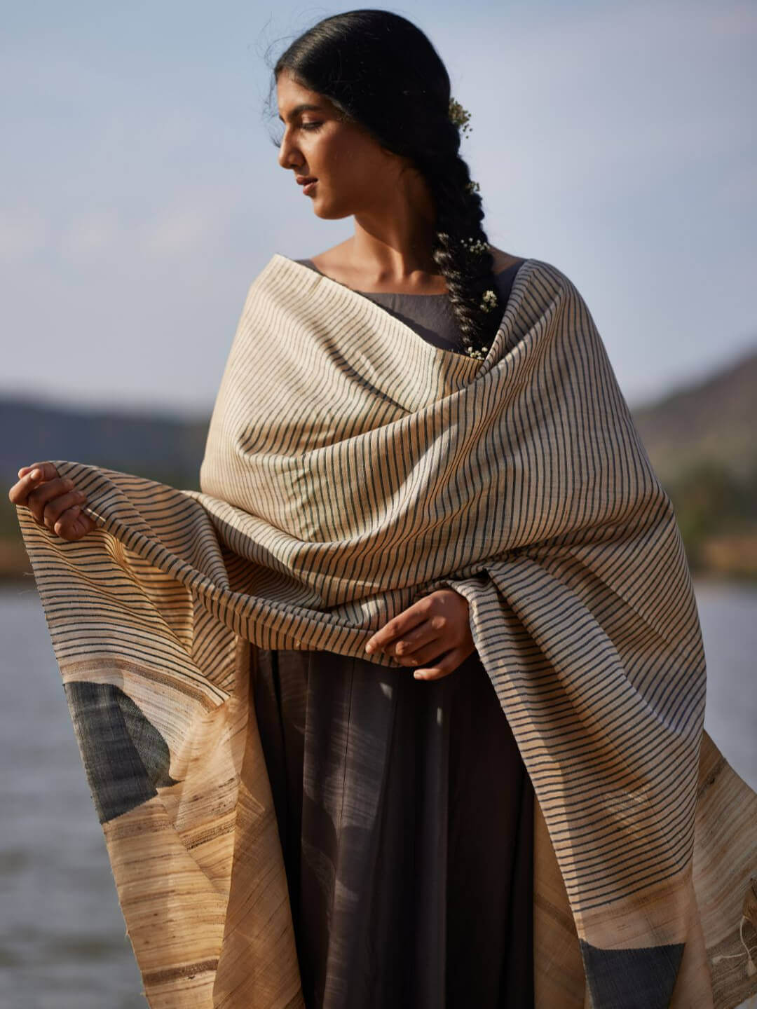 Handwoven Natural Kosa Silk Dupatta with Black Temple Motifs and Stripes