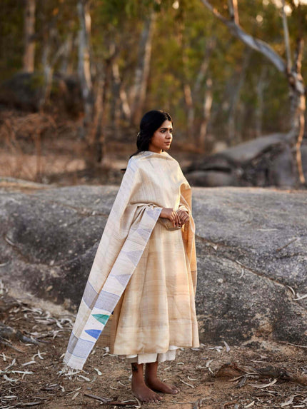 Handwoven Natural Kosa Silk Dupatta in Green  Blue Stripes and Temple Motifs