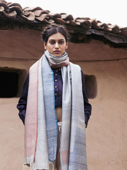 Handwoven Red and Blue Kosa Dupatta