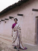 Handwoven Natural-Undyed Kosa Saree with Magenta and Grey Temple Border