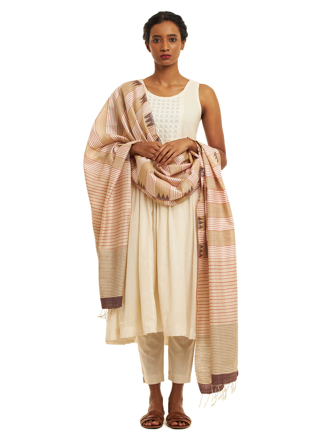 Handwoven Natural Kosa Silk Dupatta with Red and Brown Stripes