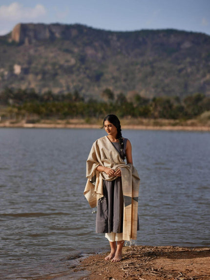 Handwoven Natural Kosa Silk Dupatta with Black Temple Motifs and Stripes