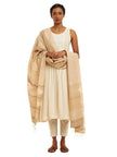 Handwoven Natural Kosa Silk Dupatta with Stripes and Temple Motif in White