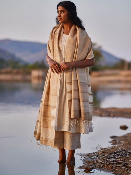 Handwoven Natural Kosa Silk Dupatta with Off White Temple