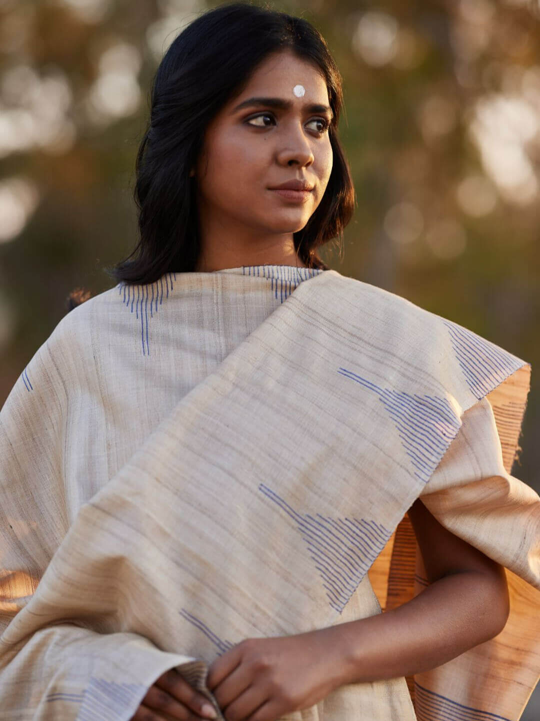 Handwoven Natural Kosa Silk Dupatta in Green  Blue Stripes and Temple Motifs