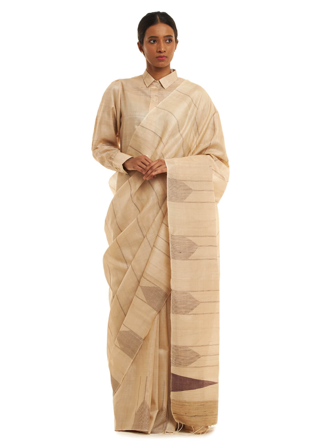 Handwoven Natural Kosa Silk Saree with Stripes and Temple in Brown