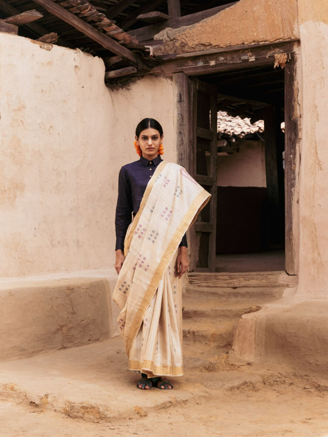 Handwoven Natural-Undyed Kosa Saree with Multicolour Motifs