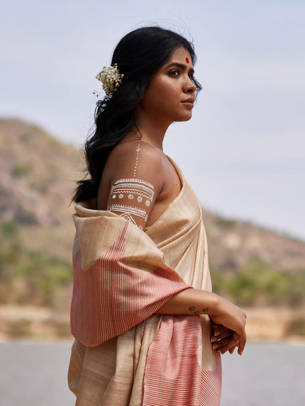 Handwoven Natural Kosa Silk Saree with Contemporary Red Stripes