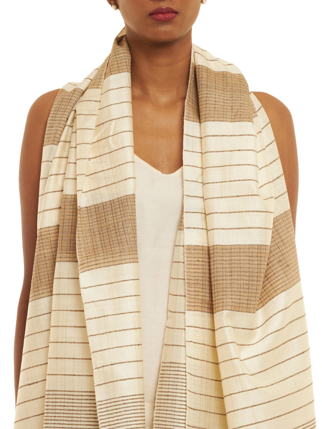 Handwoven Natural Kosa Stole with Stripes and Soft Textures