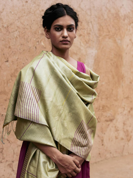 Handwoven Kosa Dupatta in Moss Green with Multicolor Motifs