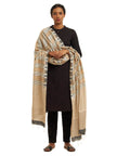 Handwoven Natural Kosa Silk Dupatta with Stripes and Temple in Black