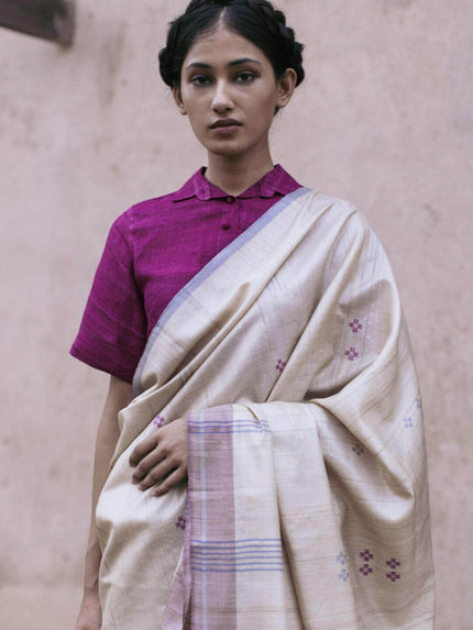 Handwoven Natural-Undyed Kosa Saree with Magenta and Grey Temple Border