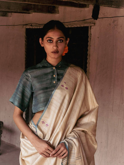 Handwoven Natural-Undyed Tussar Saree with Magenta and Blue Motifs