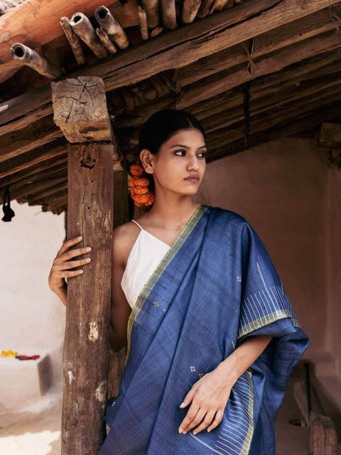 Handwoven Blue Saree with Off-white Motifs