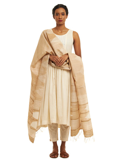 Handwoven Natural Kosa Silk Dupatta with Off White Temple