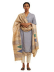 Handwoven Natural Kosa Silk Dupatta in Green  Blue Stripes and Temple Motifs