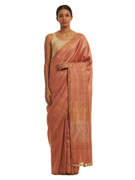 Handwoven Rust Kosa Saree with Gold and Silver Details