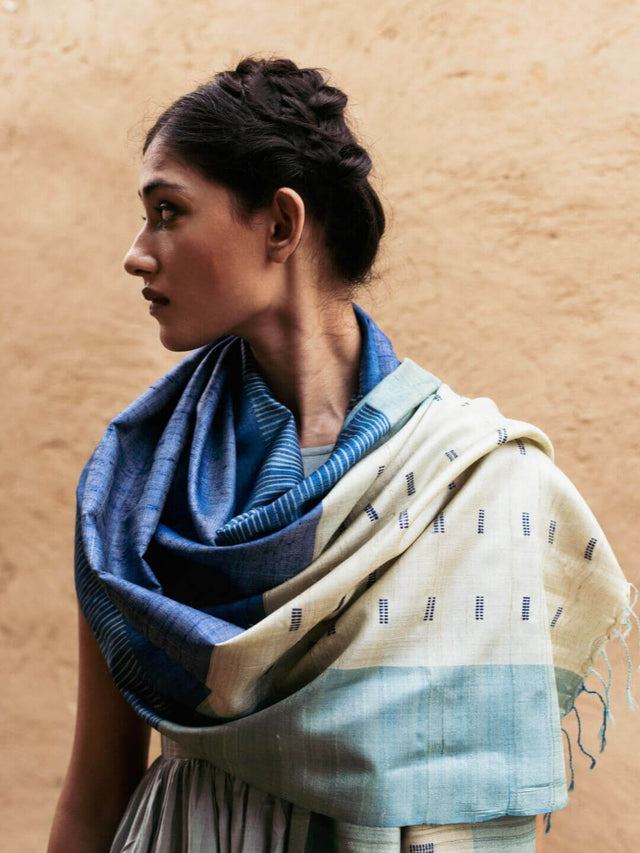 Handwoven Colour Blocked Blue Kosa Stole