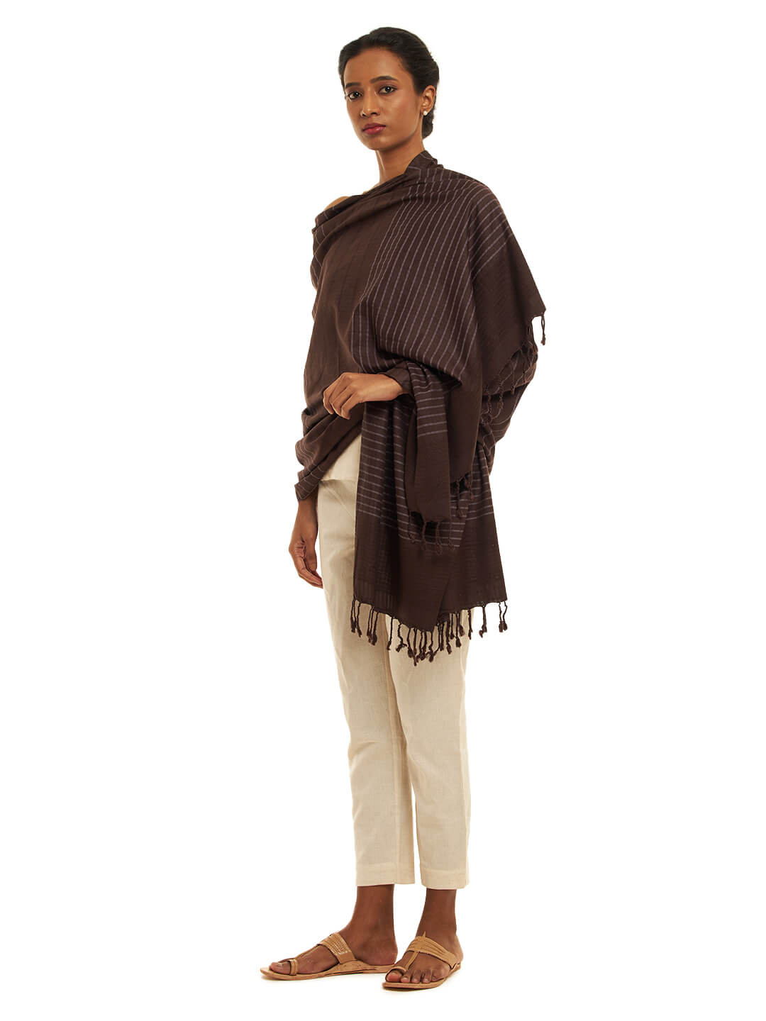 Handwoven Kosa and Soft Mulberry Silk Shawl in Earthly Brown