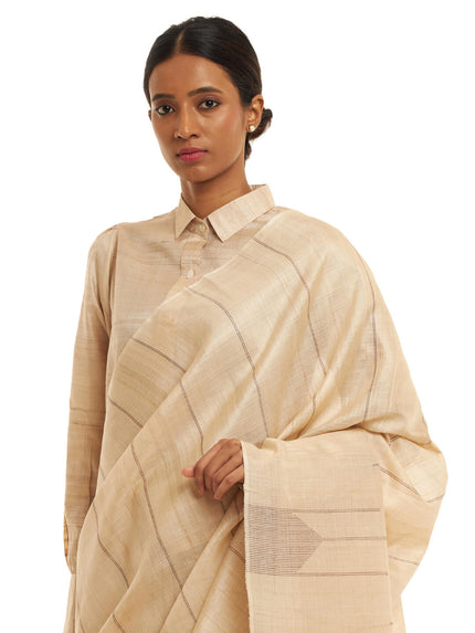 Handwoven Natural Kosa Silk Saree with Stripes and Temple in Brown