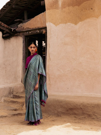 Handwoven Kale Green Kosa Saree with Geometric Motifs