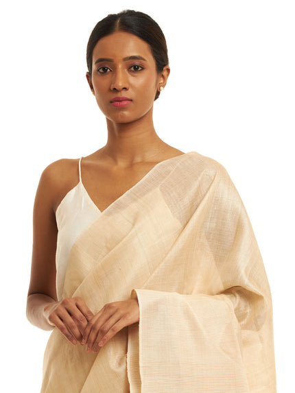 Handwoven Natural Kosa Silk Saree with Contemporary White Temple Motifs