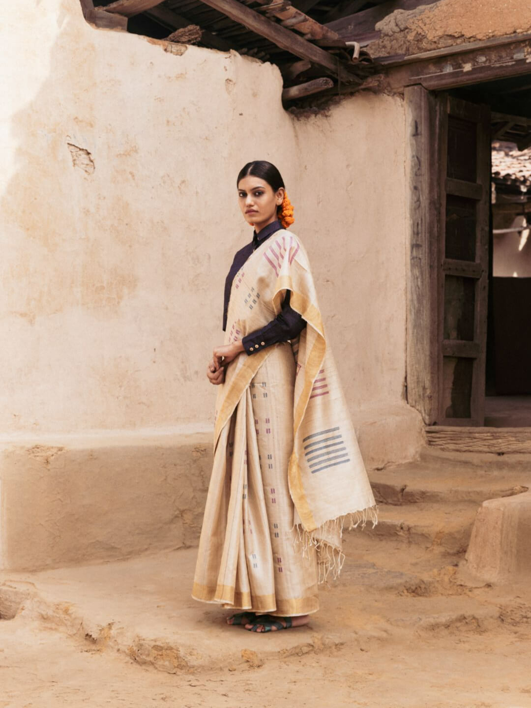 Handwoven Natural-Undyed Kosa Saree with Multicolour Motifs