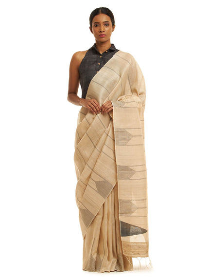 Handwoven Natural Kosa Silk Saree with Black Temple Border