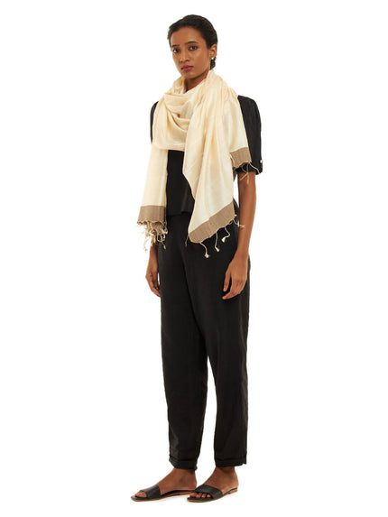 Handwoven Natural Plain Kosa and Mulberry Silk Stole with Beige Border