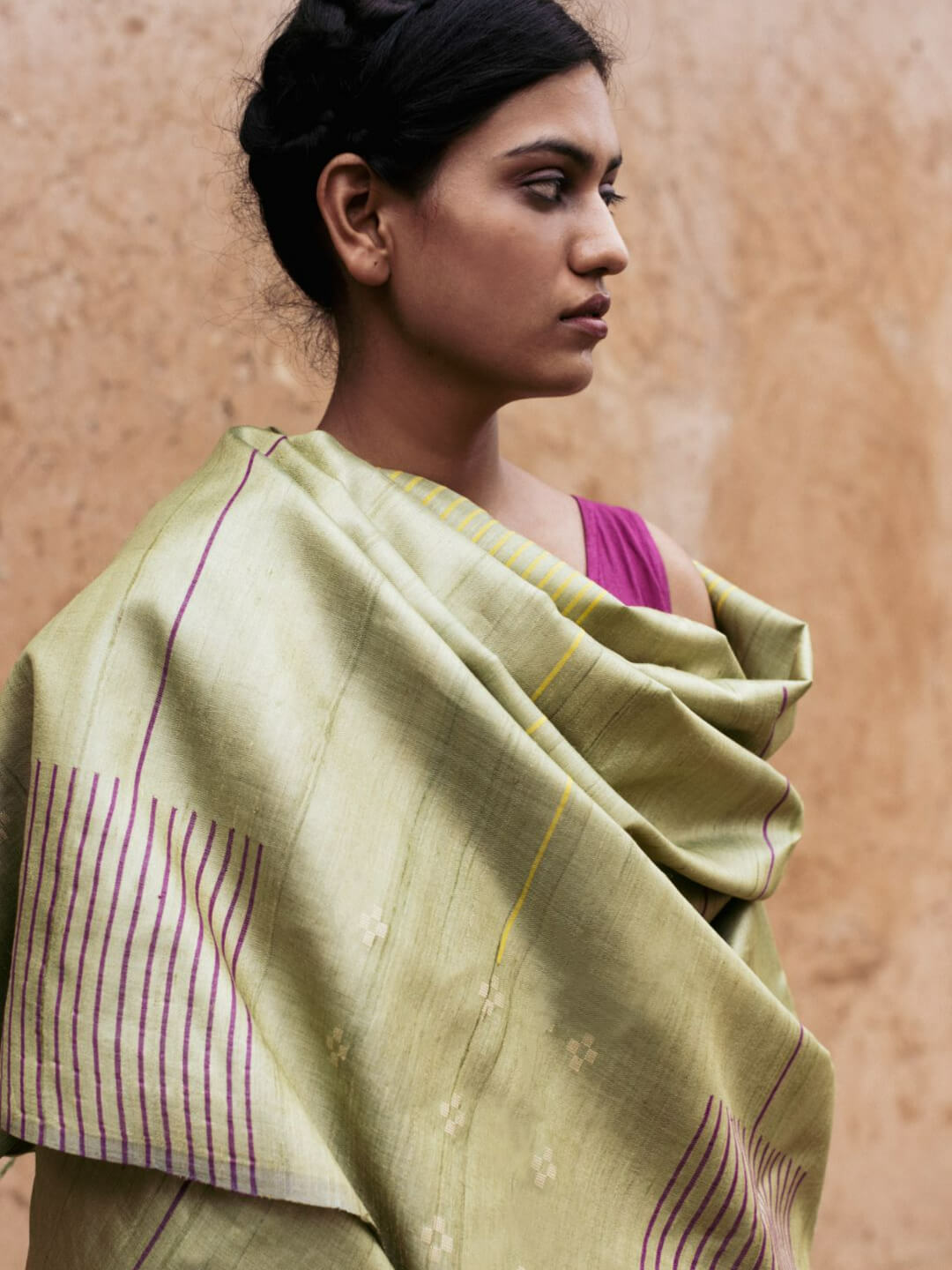 Handwoven Kosa Dupatta in Moss Green with Multicolor Motifs