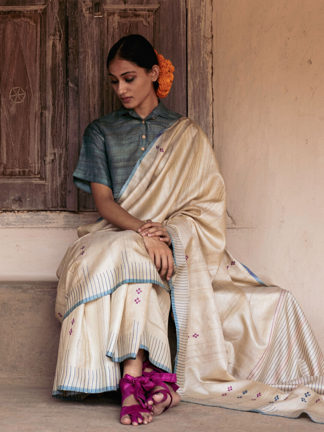 Handwoven Natural-Undyed Tussar Saree with Magenta and Blue Motifs