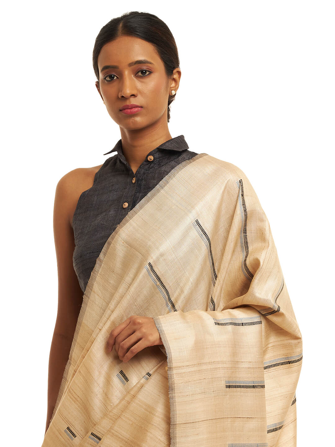 Handwoven natural Undyed Kosa Saree with Grey and Black Weft Pattern