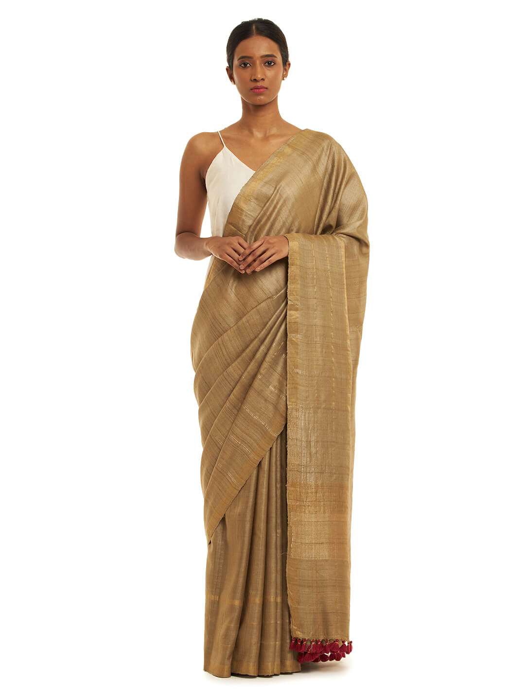 Handwoven Natural Dyed Kosa Silk Saree in Khakhi with Gold and Silver Details