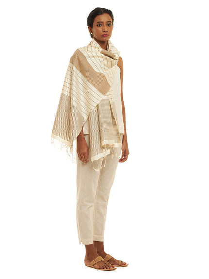 Handwoven Natural Kosa Stole with Stripes and Soft Textures