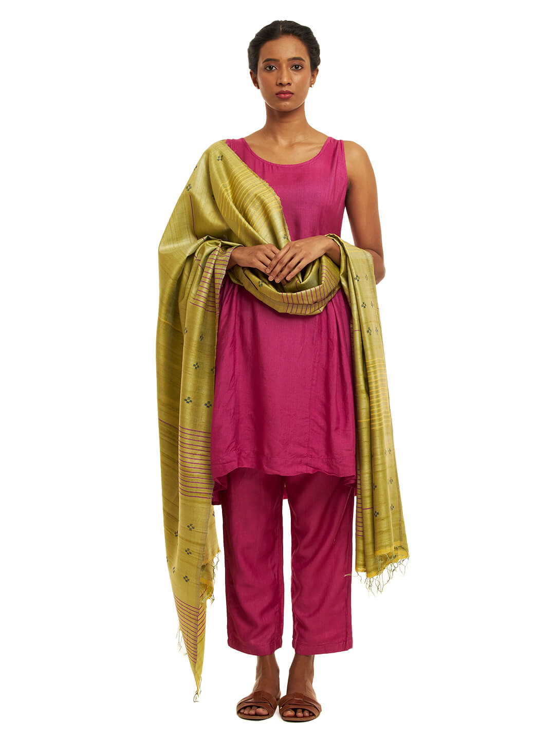 Handwoven Kosa Dupatta in Moss Green with Multicolor Motifs