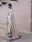 Handwoven Natural-Undyed Kosa Saree with Magenta and Grey Temple Border