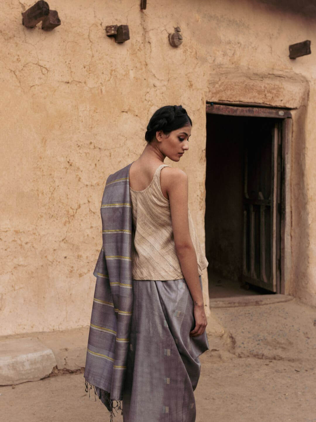 Handwoven Fossil Grey Kosa Saree with Lime Green Motifs