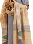 Handwoven Natural Kosa Silk Dupatta in Green  Blue Stripes and Temple Motifs