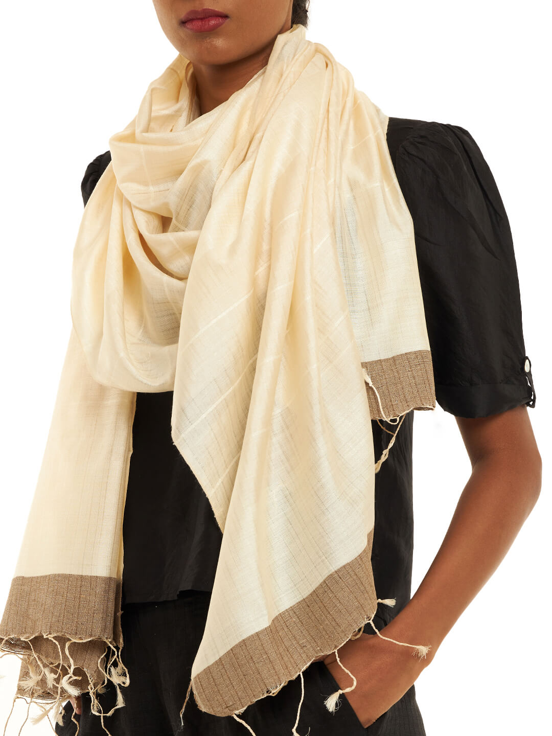 Handwoven Natural Plain Kosa and Mulberry Silk Stole with Beige Border