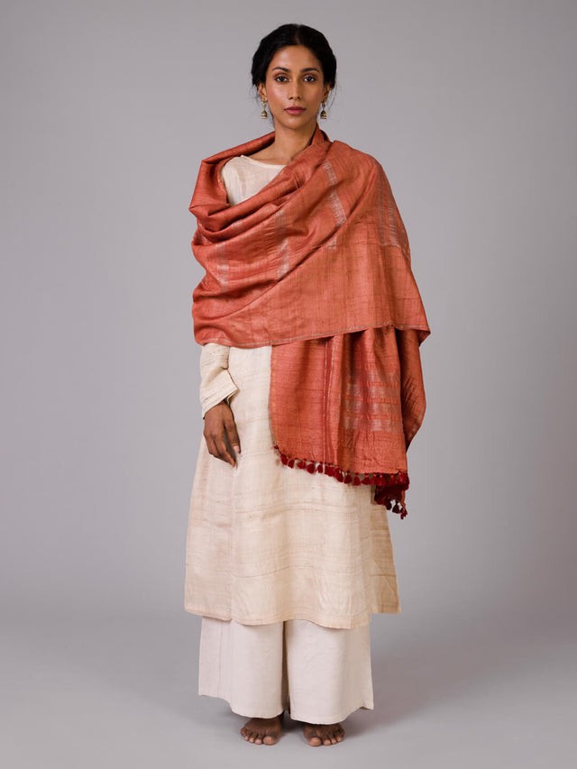 Handwoven rust Colour Silver Zari Kosa Stole