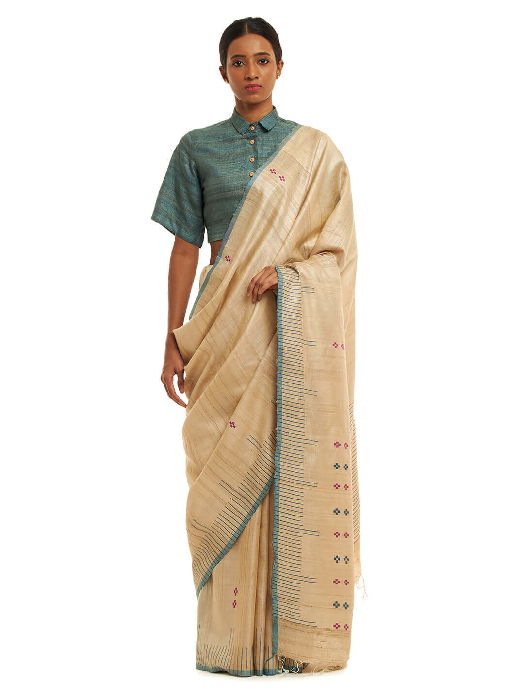 Handwoven Natural-Undyed Tussar Saree with Magenta and Blue Motifs