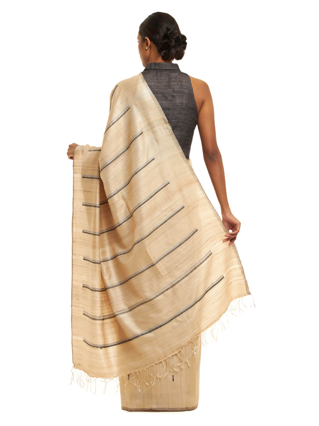 Handwoven natural Undyed Kosa Saree with Grey and Black Weft Pattern