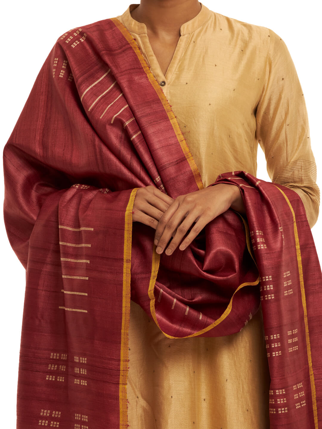 Handwoven Maroon Kosa Dupatta with Weft Motifs