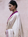 Handwoven Natural-Undyed Kosa Saree with Magenta and Grey Temple Border