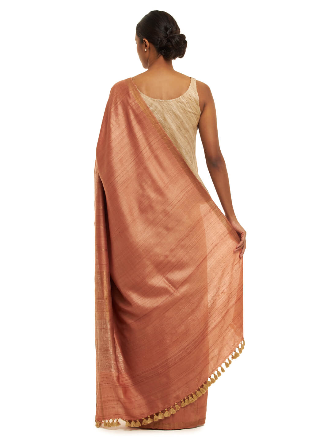 Handwoven Rust Kosa Saree with Gold and Silver Details