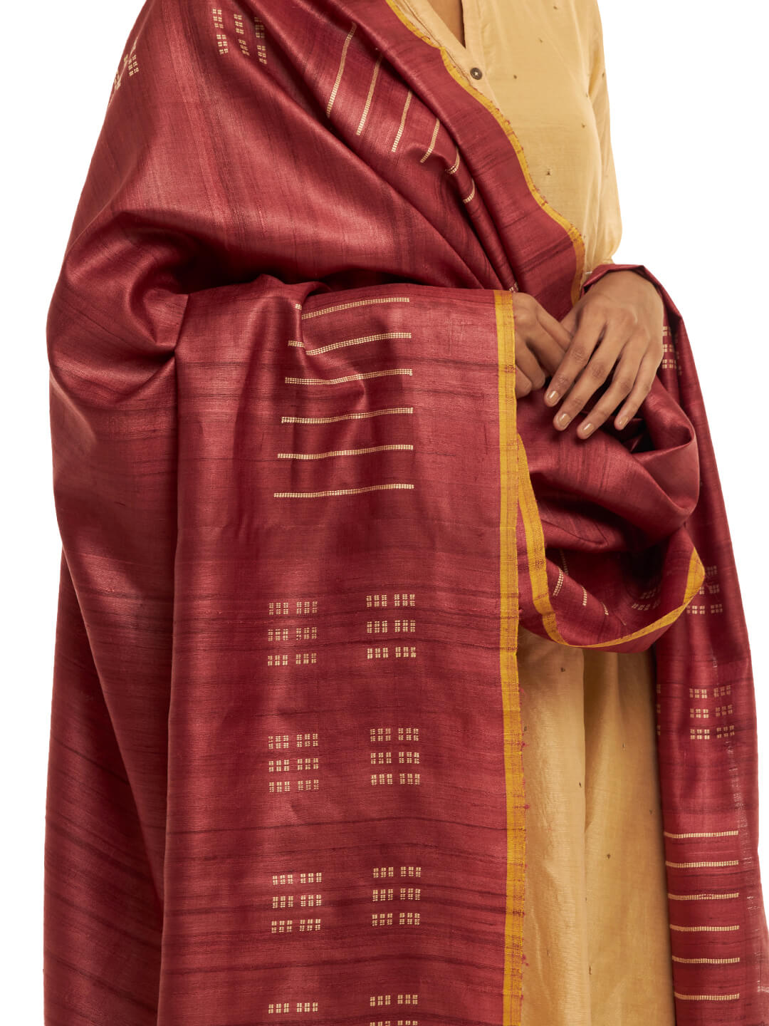 Handwoven Maroon Kosa Dupatta with Weft Motifs