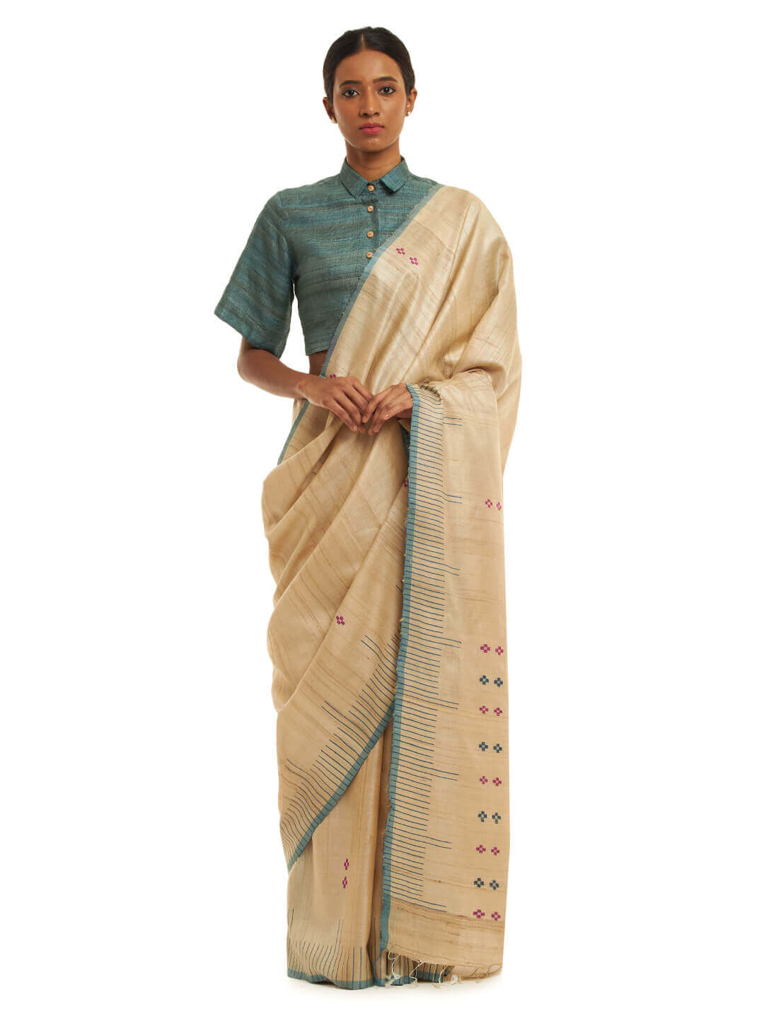 Handwoven Natural-Undyed Tussar Saree with Magenta and Blue Motifs